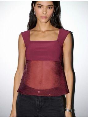 NWT ABERCROMBIE & FITCH Sheer Babydoll Cami Top Tank Burgundy Red Square Neck L